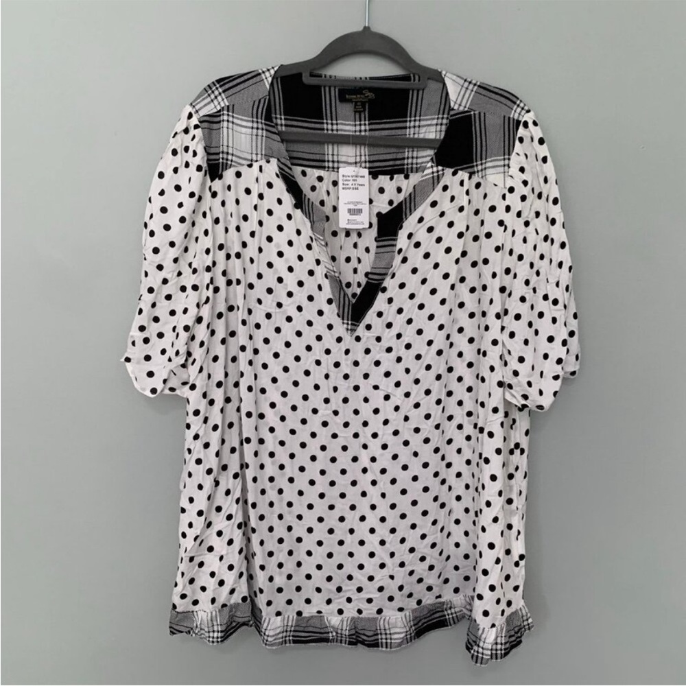 NEW Suzanne Betro retro black white mixed pring collared short sleeve blouse top